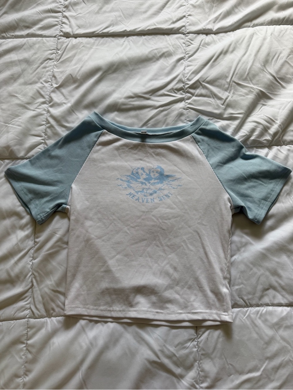 SHEIN White Crop Tee with Light Blue Raglan Sleeves and Angel Graphic